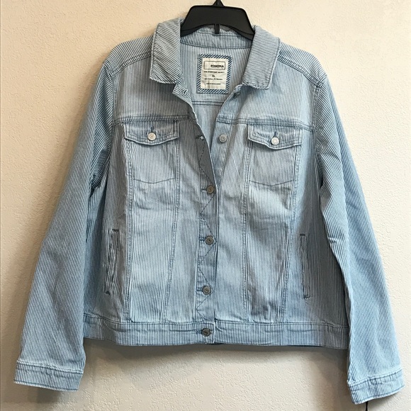 blue and white striped denim jacket